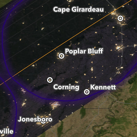 2024 Solar Eclipse map — Missouri and Upper Delta Arkansas