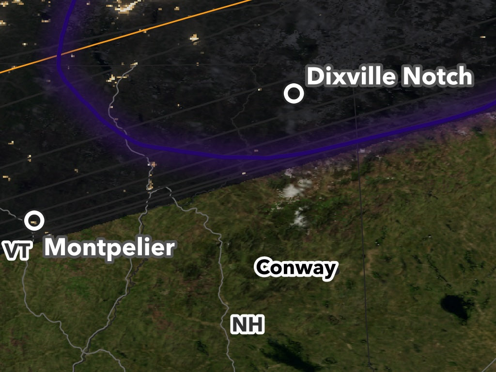 2024 Solar Eclipse map — New Hampshire, Maine, Canadian Border Region