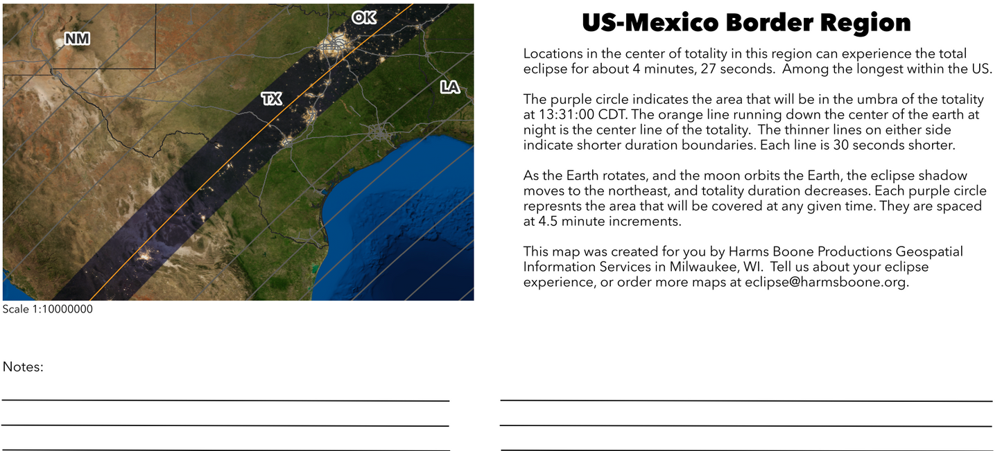 2024 Solar Eclipse map — Texas, US - Mexico Border Region