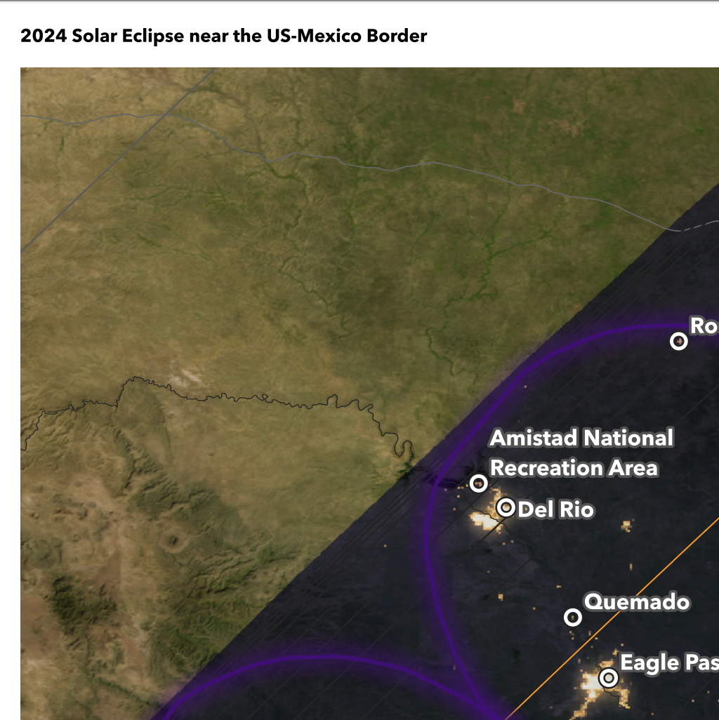 2024 Solar Eclipse map — Texas, US - Mexico Border Region