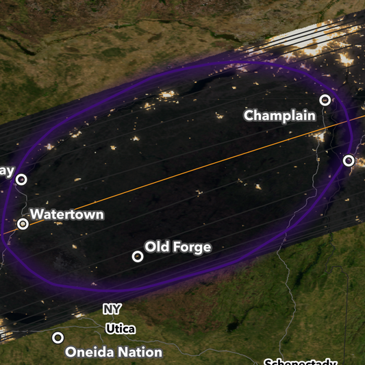 A segment of this map showing an area between Champlain and Watertown, NY under the umbra of the eclipse.
